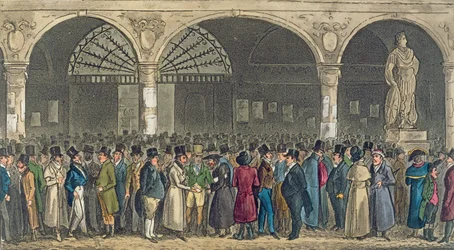 Tom a Jerry na burze, z knihy Pierce Egana "Život v Londýně", 1821 (kolorovaná akvatinta)